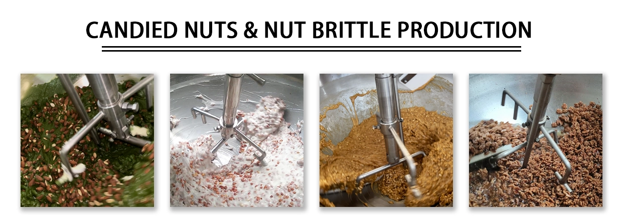 Commercial cooking mixer for candied nuts and nut brittle production