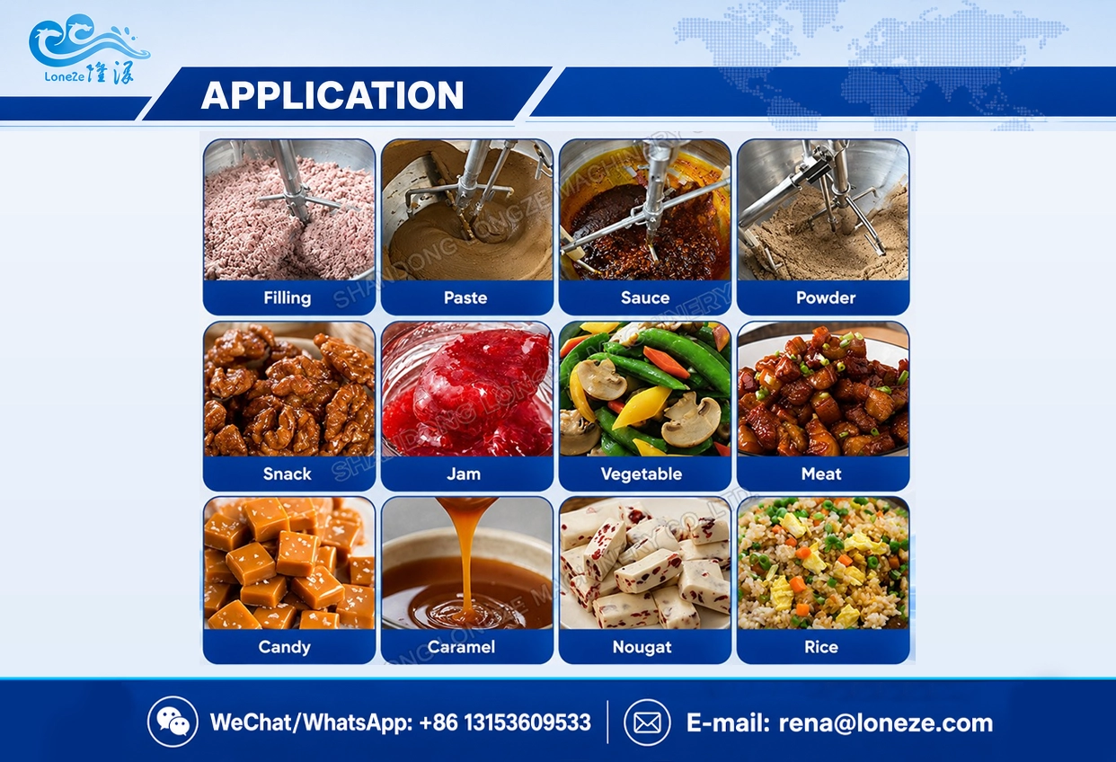 Wide Food Processing Applications of LoneZe Industrial Planetary Cooking Mixer for Sauce, Jam, Nougat, and Confectionery