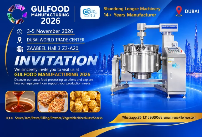 Gulfood Manufacturing 2026 Dubai exhibition invitation poster for food processing machinery, industrial cooking mixer machine