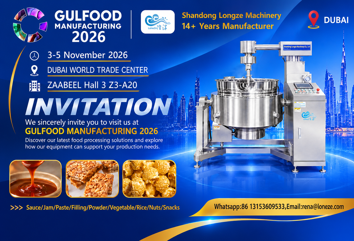 Shandong Longze Machinery invitation poster for Gulfood Manufacturing 2026 Dubai, gas planetary cooking mixer machine for food processing