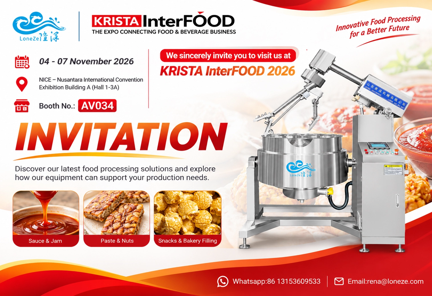 Invitation poster for KRISTA InterFOOD 2026 Indonesia exhibition, planetary cooking mixer food processing machine
