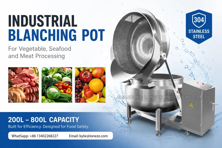 Industrial blanching pot with tilting basket for vegetable seafood and meat processing