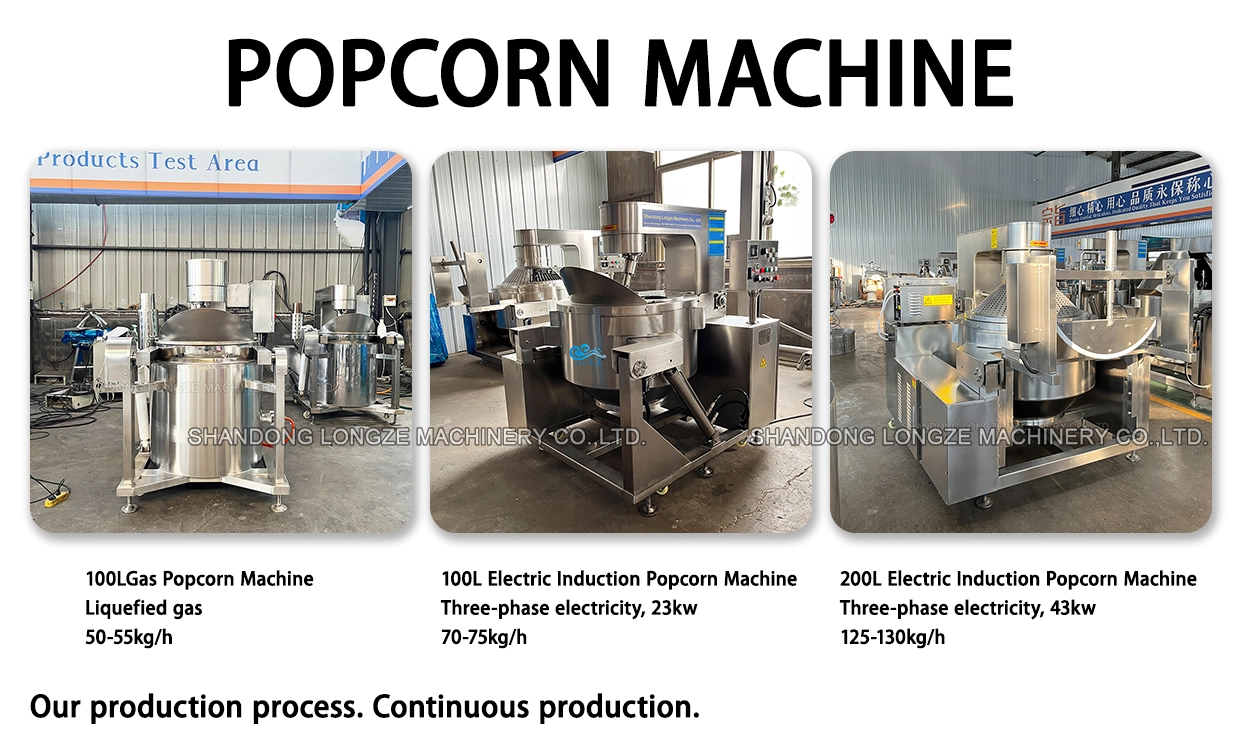 Three industrial popcorn machine models with different capacities