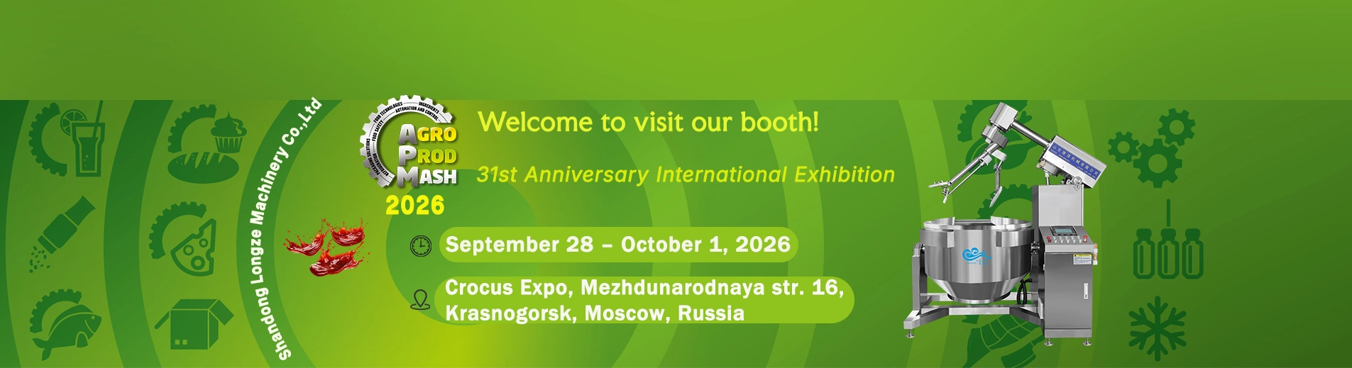 LONGZE MACHINERY industrial food cooking machinery at AGROPRODMASH 2026 exhibition, Crocus Expo Moscow